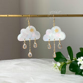 Rain Cloud Earrings Dangle - Fun white Cloud long drop earrings